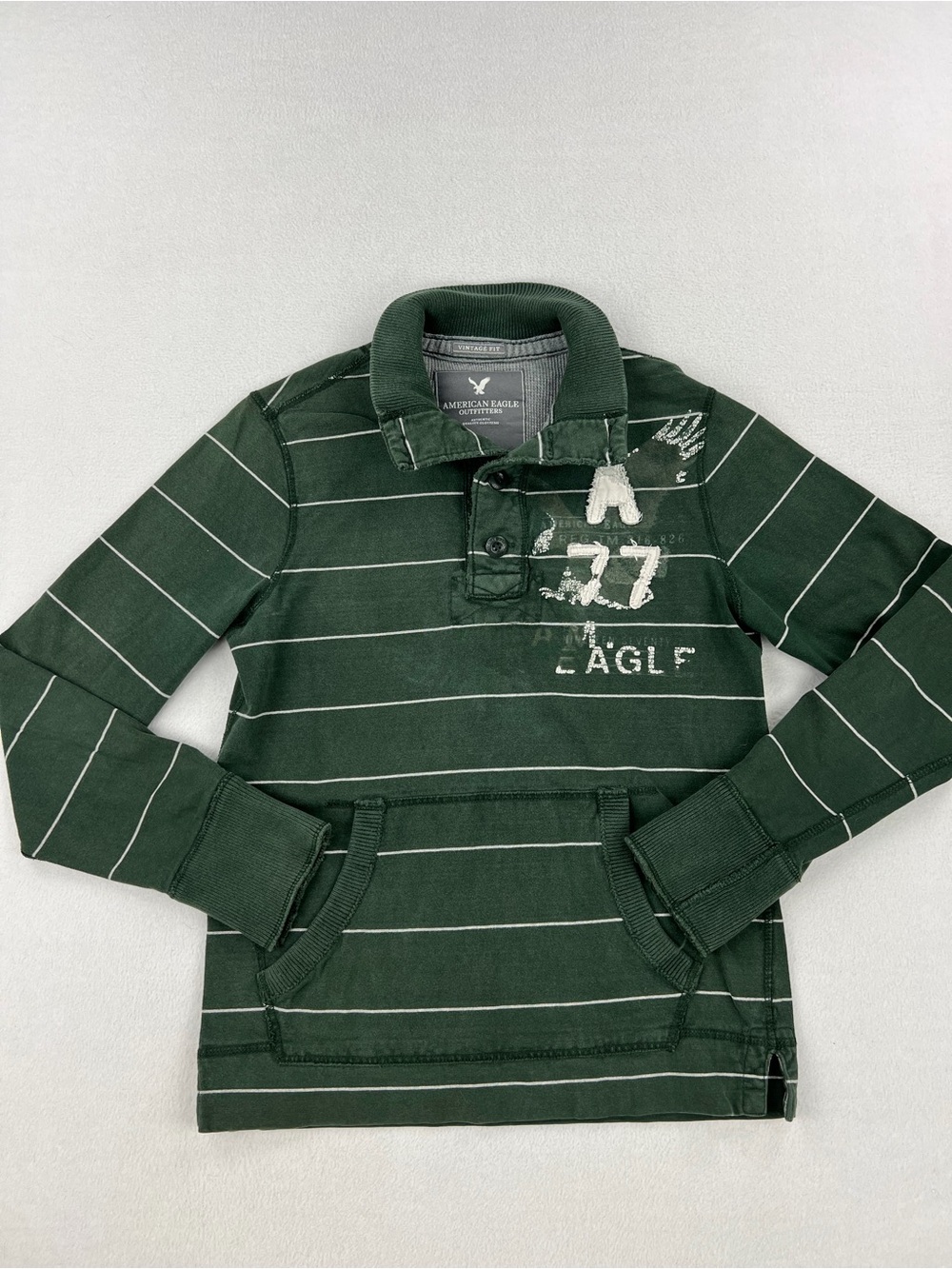 VTG Y2K American Eagle Mens Long Sleeve Green Striped Polo Sweatshirt Size S